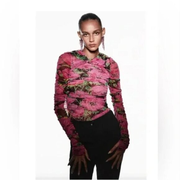 ZARA Pink Floral Printed Draped Tulle Mesh Top Size XL NEW WITH TAG! - Picture 5 of 12